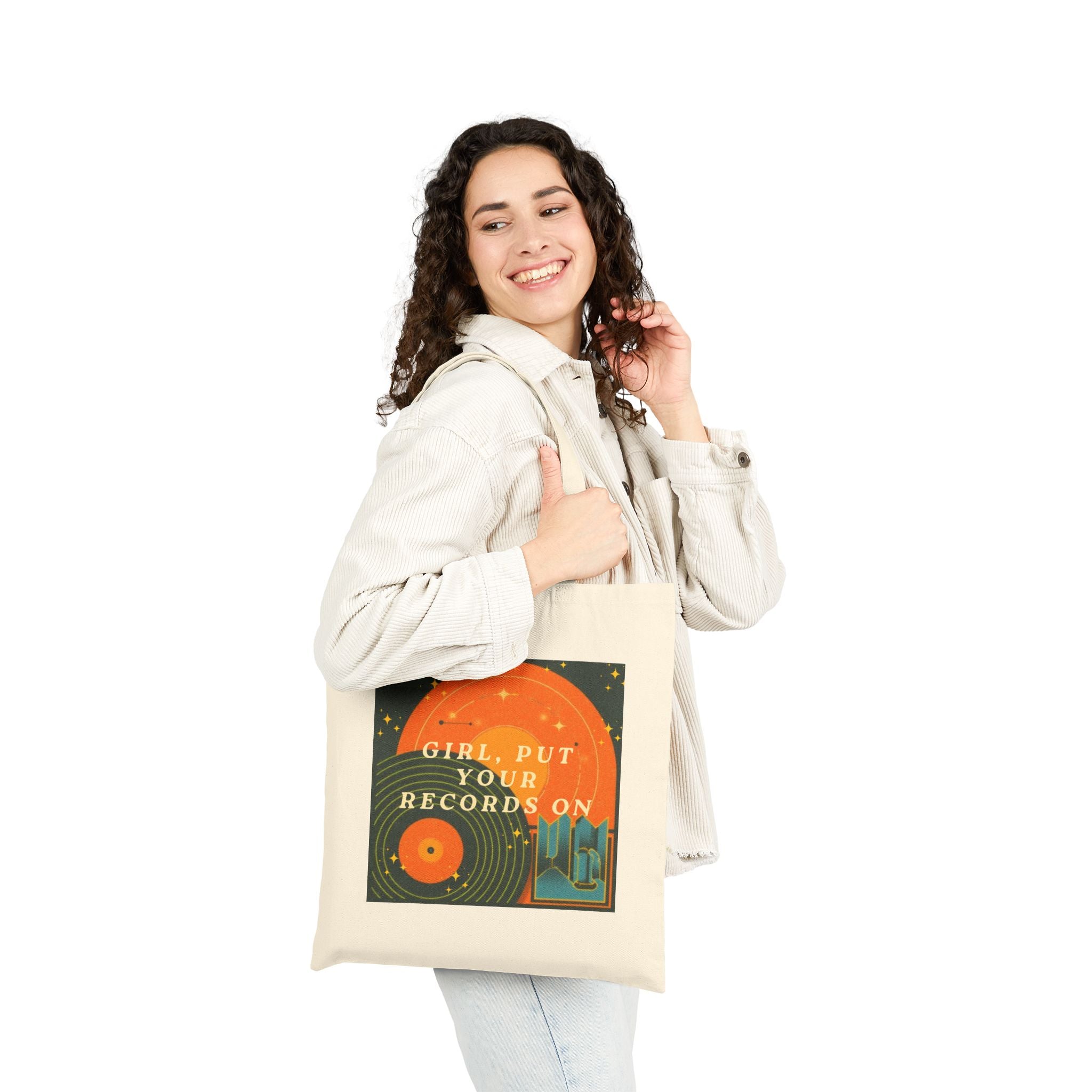 Tote Bag — "Girl, Put Your Records On" Retro Vinyl Graphic Cotton Tote