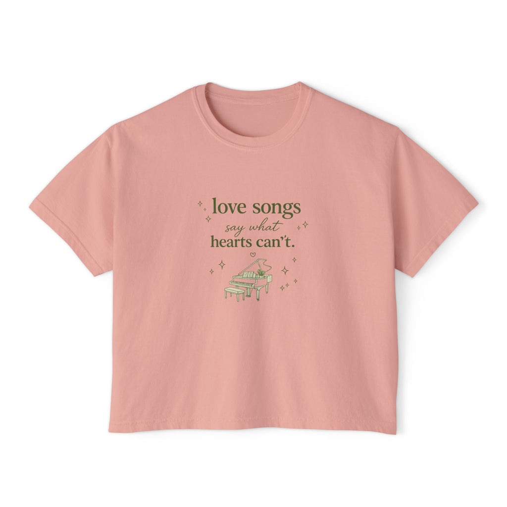 Love Songs Boxy Tee — 'Love songs say what hearts can't' Piano Graphic