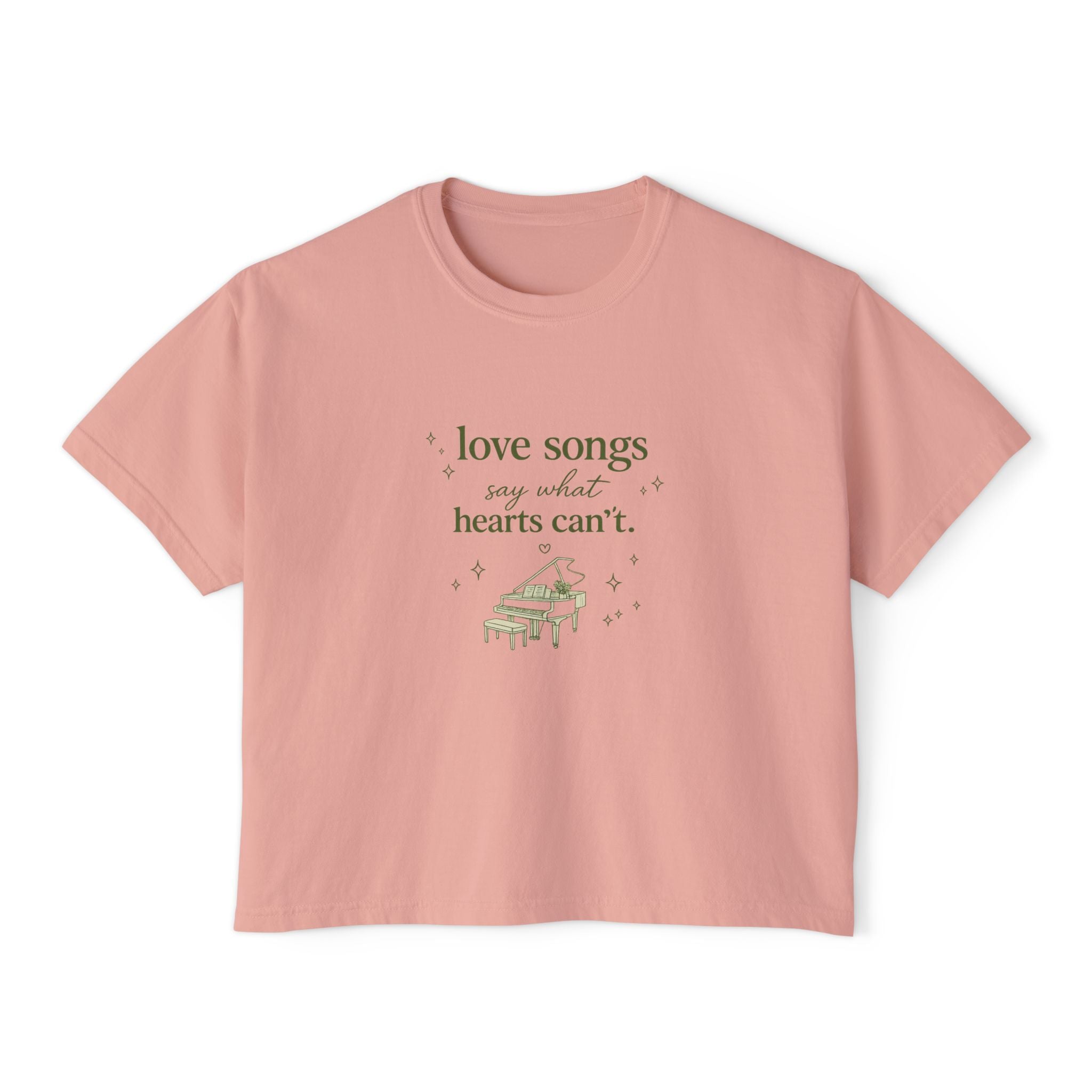 Love Songs Boxy Tee — 'Love songs say what hearts can't' Piano Graphic