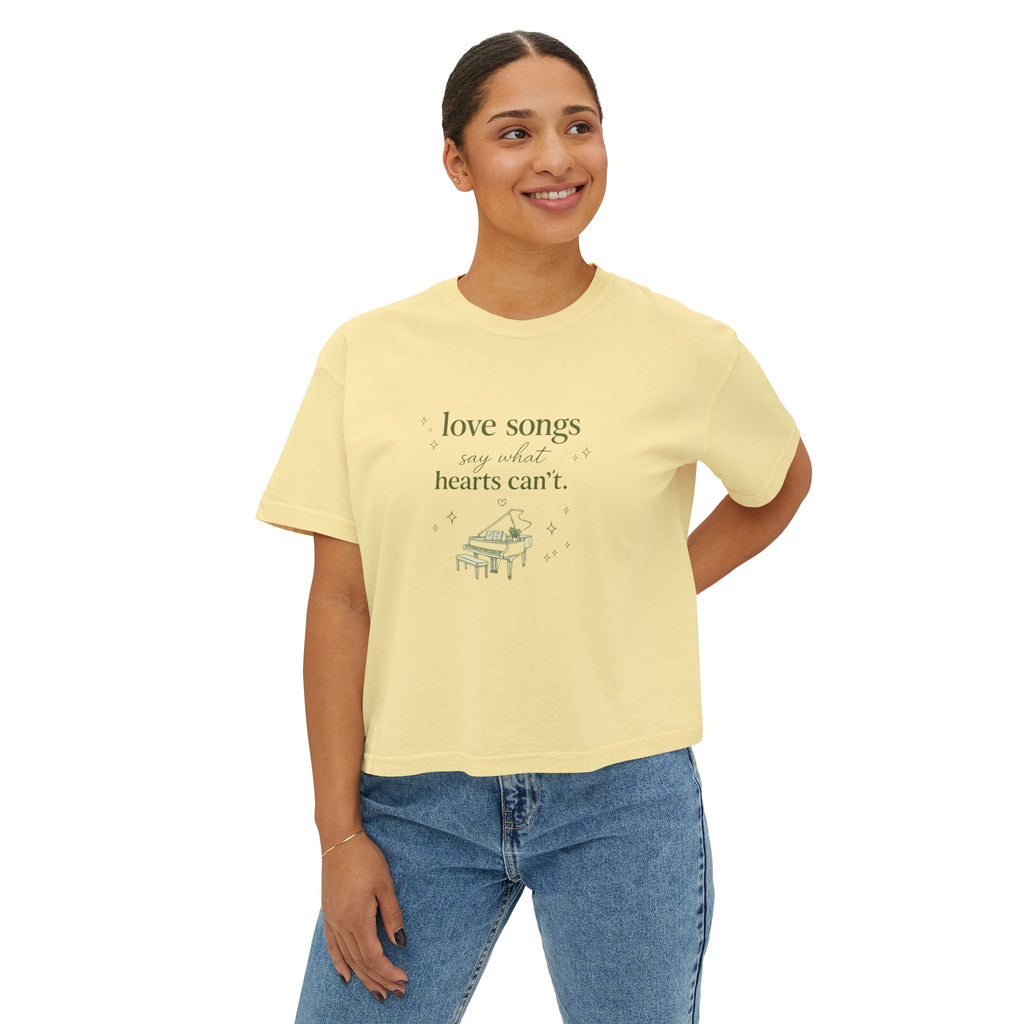Love Songs Boxy Tee — 'Love songs say what hearts can't' Piano Graphic