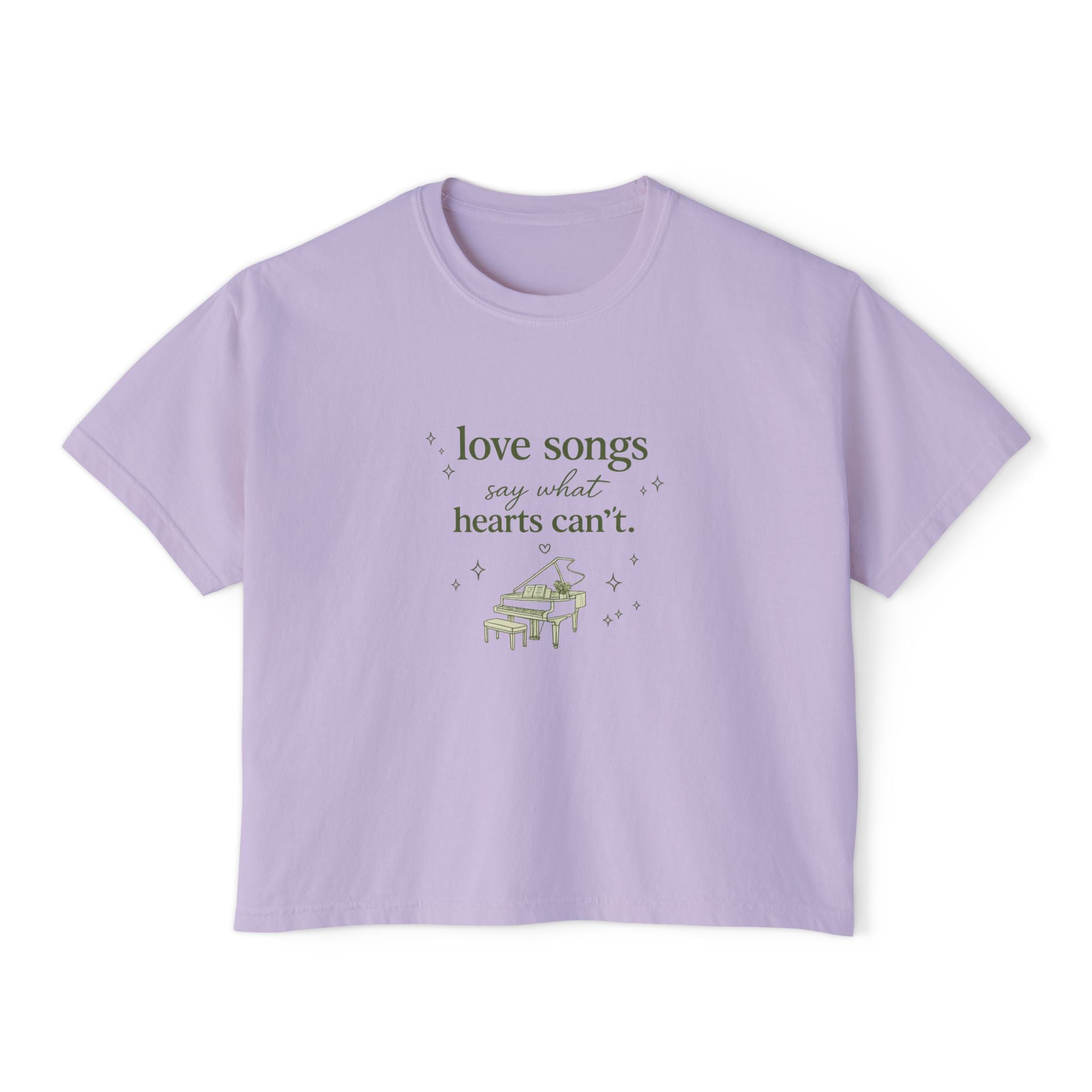 Love Songs Boxy Tee — 'Love songs say what hearts can't' Piano Graphic