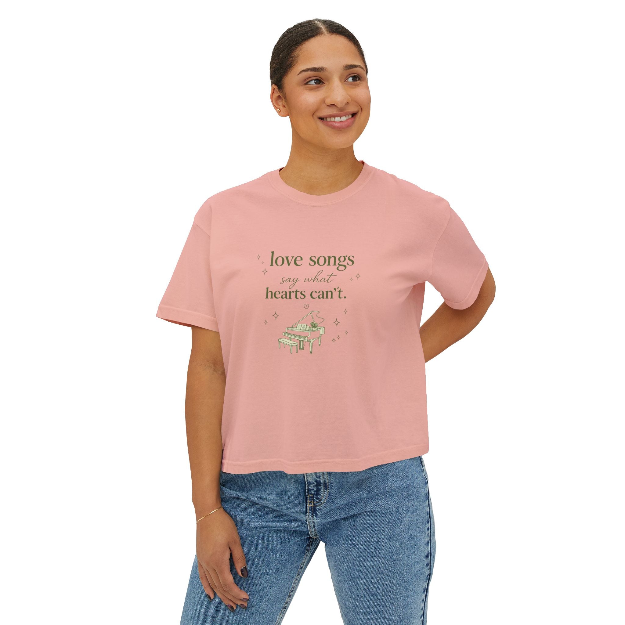 Love Songs Boxy Tee — 'Love songs say what hearts can't' Piano Graphic