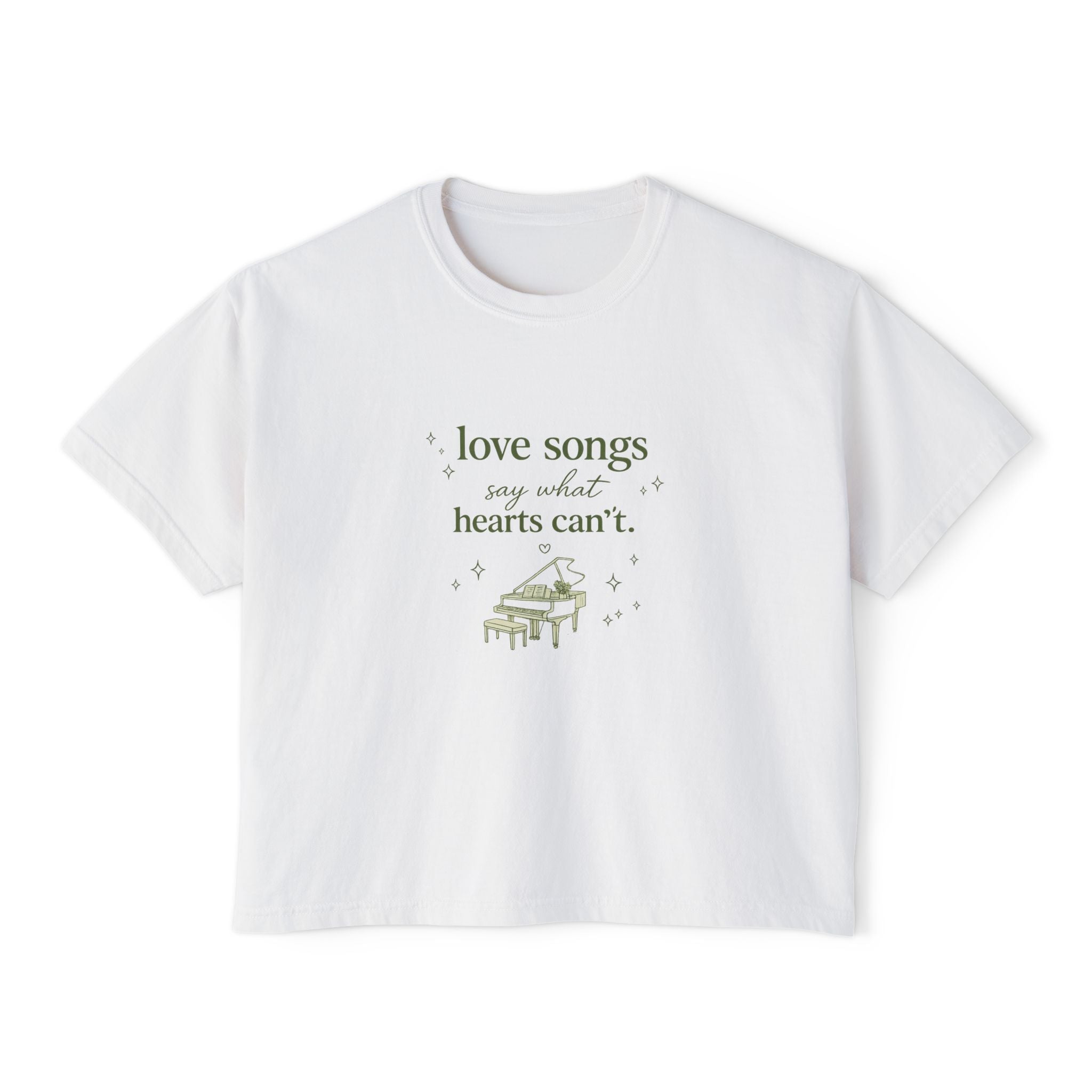 Love Songs Boxy Tee — 'Love songs say what hearts can't' Piano Graphic