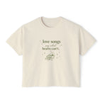 Love Songs Boxy Tee — 'Love songs say what hearts can't' Piano Graphic