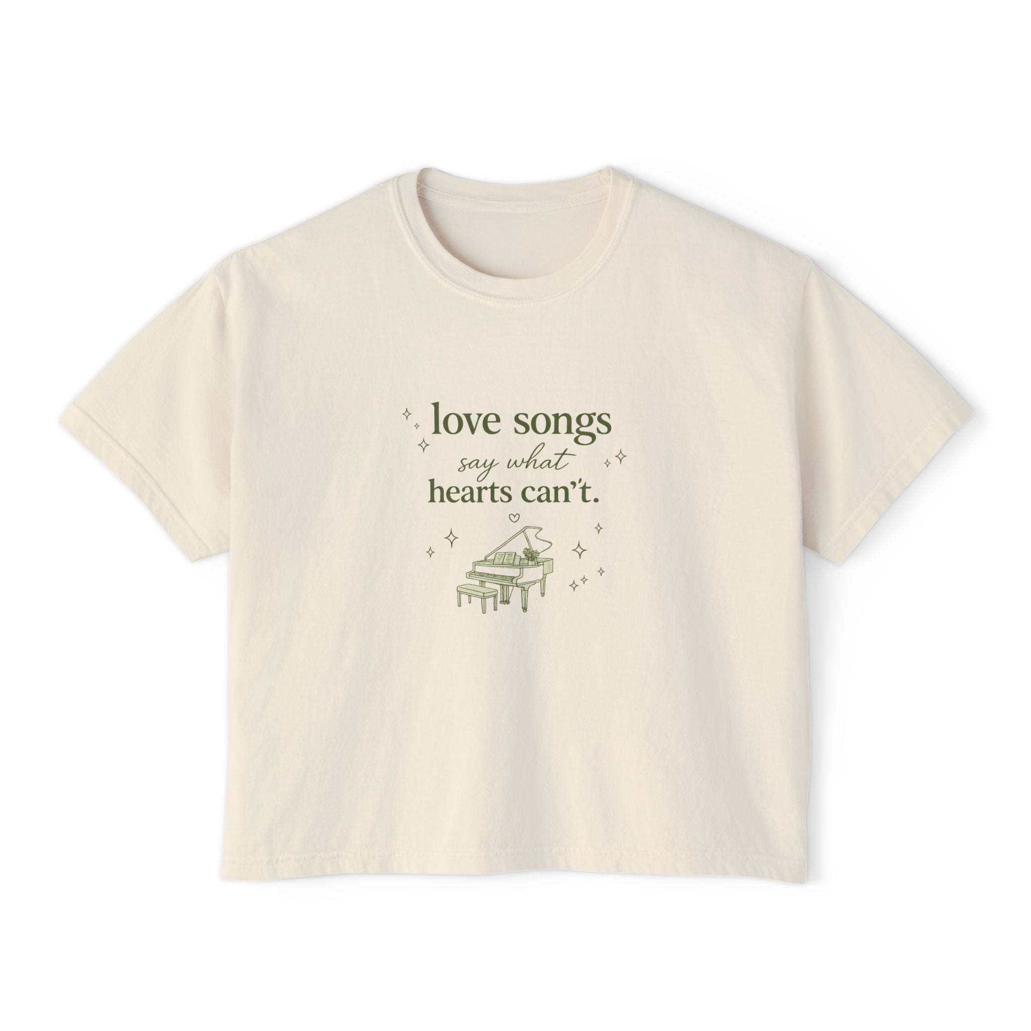 Love Songs Boxy Tee — 'Love songs say what hearts can't' Piano Graphic