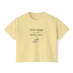 Love Songs Boxy Tee — 'Love songs say what hearts can't' Piano Graphic