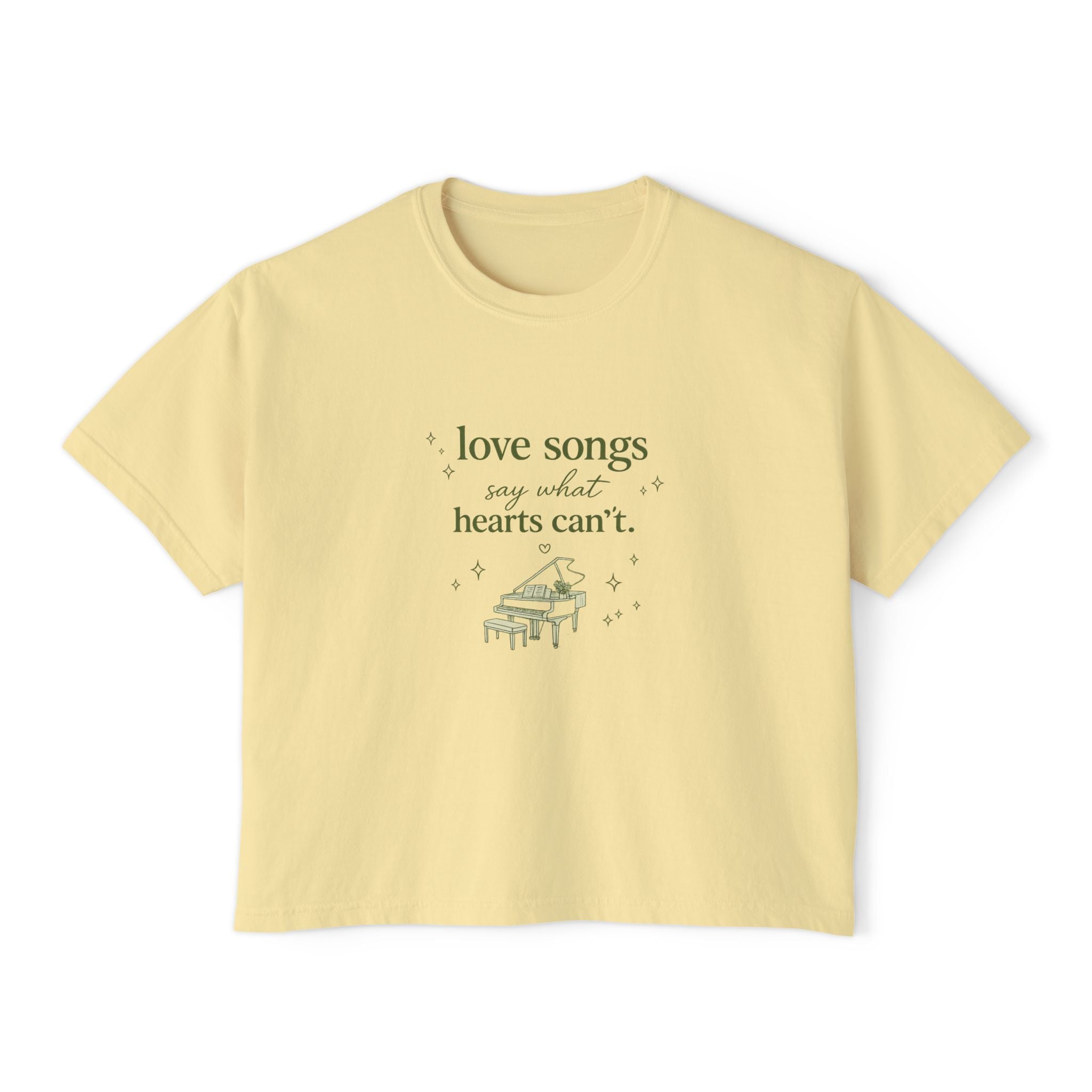 Love Songs Boxy Tee — 'Love songs say what hearts can't' Piano Graphic