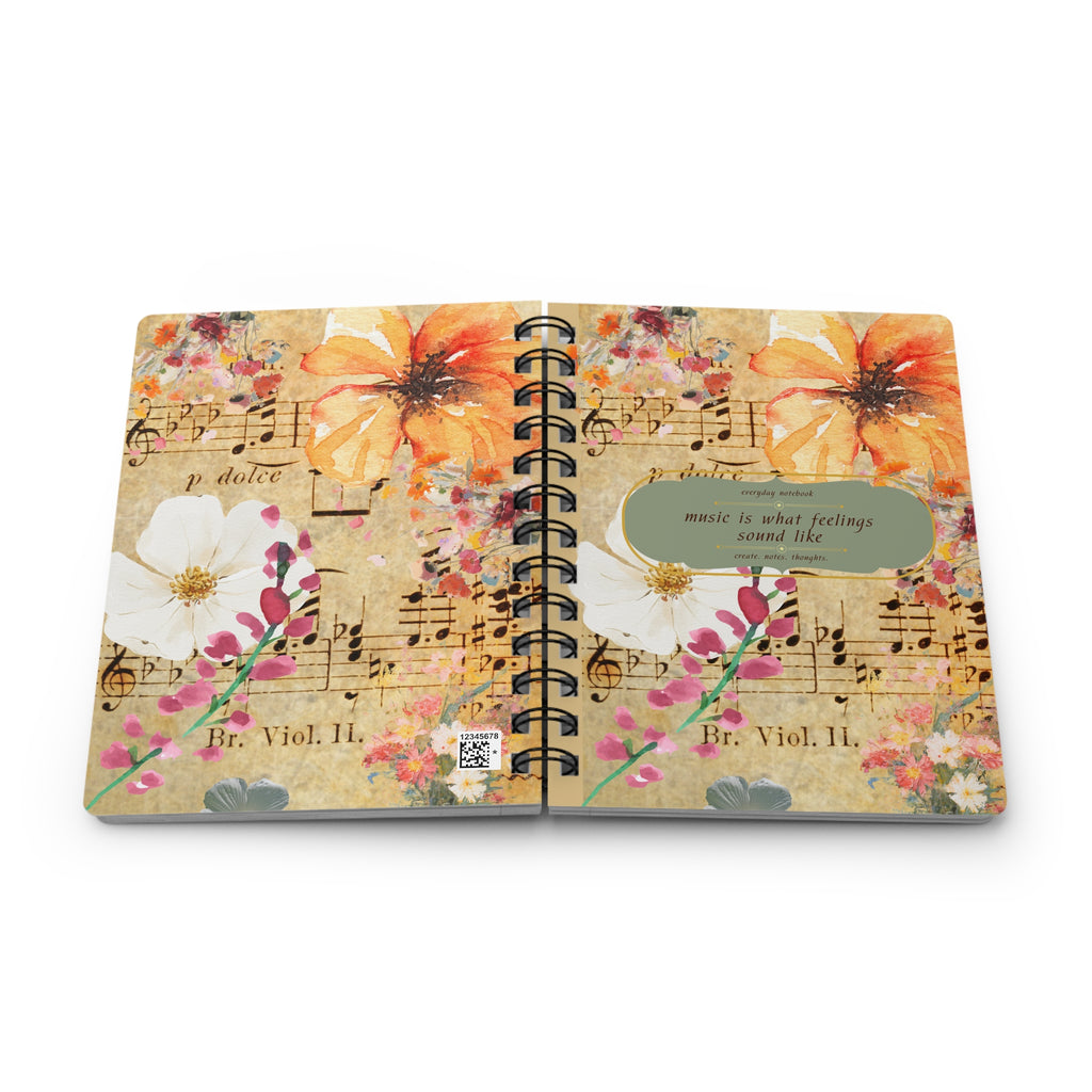Floral Sheet Music Spiral Notebook — "music is what feelings sound like" Journal