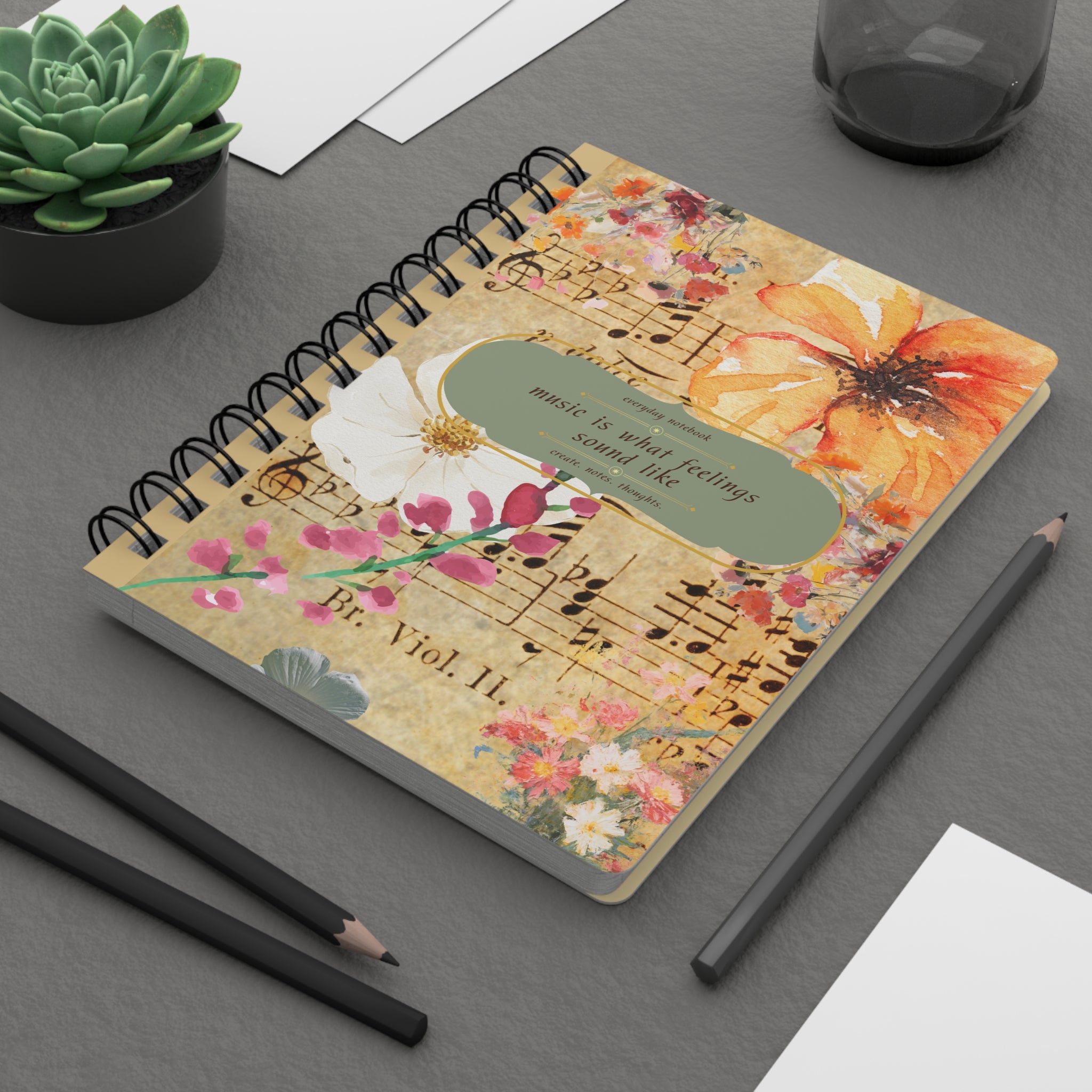 Floral Sheet Music Spiral Notebook — "music is what feelings sound like" Journal