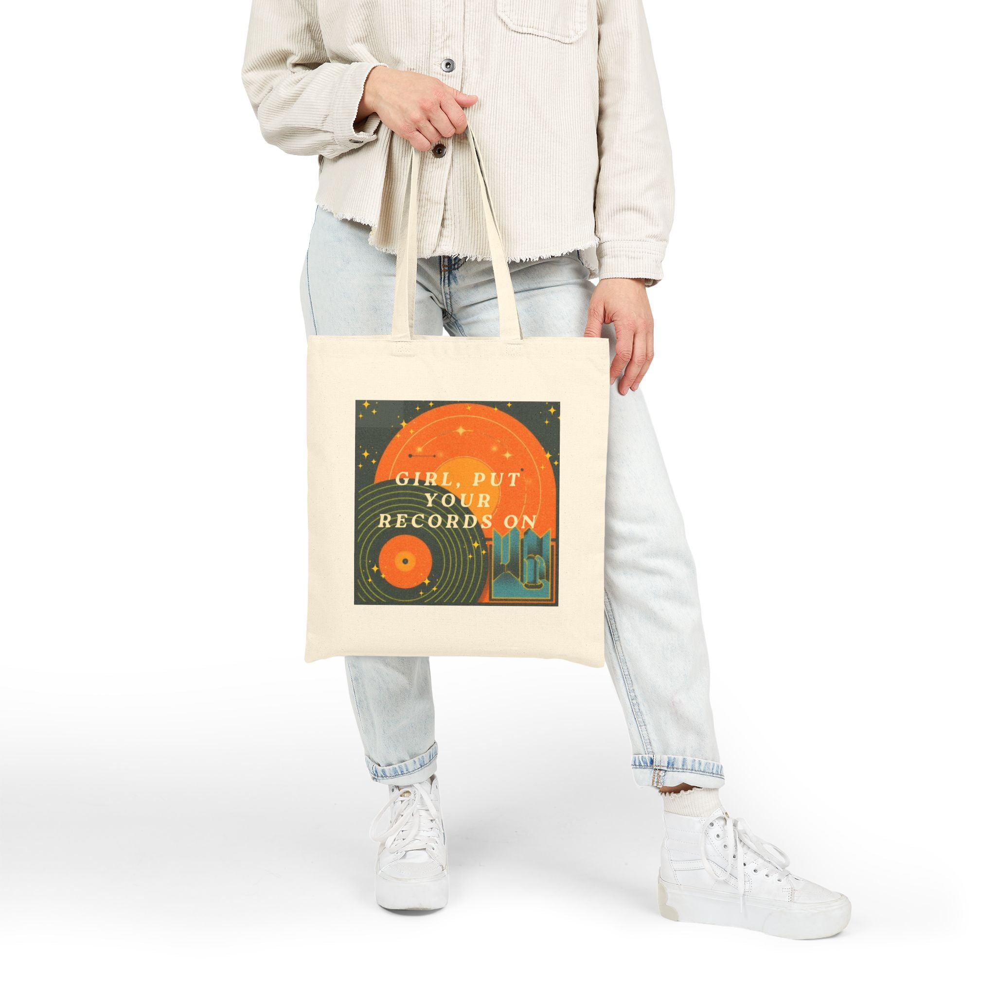 Tote Bag — "Girl, Put Your Records On" Retro Vinyl Graphic Cotton Tote